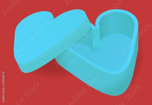 Top view open blue heart shaped gift box isolated on red background.