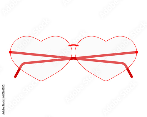 Rimless red heart shaped glasses. Isolated vector clipart with transparent lenses. Clear white background. 