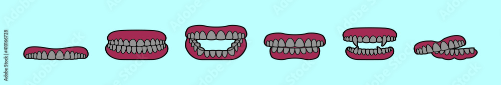 set of false teeth cartoon icon design template with various models. vector illustration isolated on blue background set of false teeth cartoon icon design template with various models. vector illustration isolated on blue background