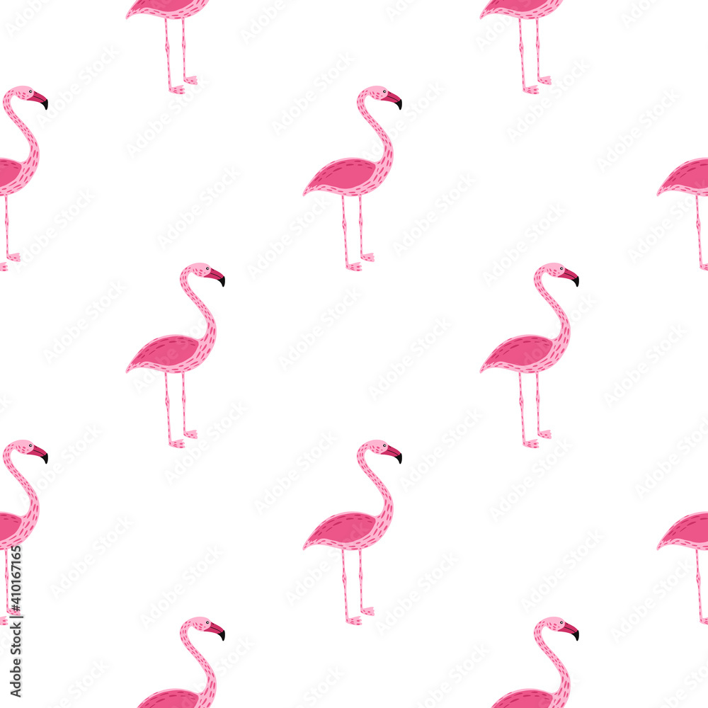 Obraz premium Isolated seamless exotic animal pattern with doodle pink flamingo silhouettes. White background.