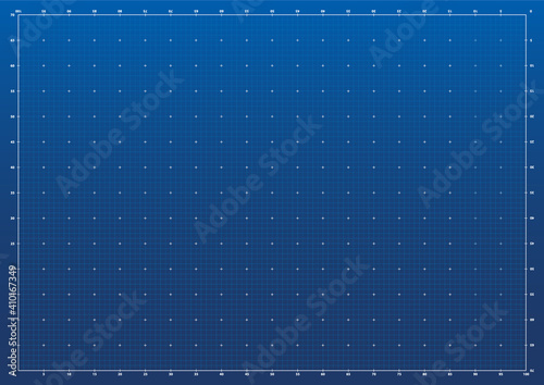 Blueprint empty template with vertical and horizontal lines on a blue gradient background with 1cm and 5cm step. Numbers on all sides. Blank checkered grid for architectural and engineering projects