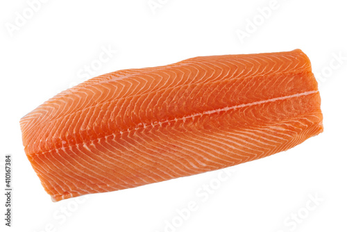 Fresh raw whole salmon fillet uncooked fish isolated on white background, top view