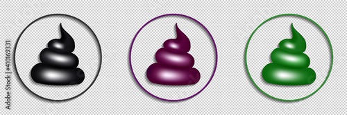 Three round cartoon colored poop icons with shadows. EPS10