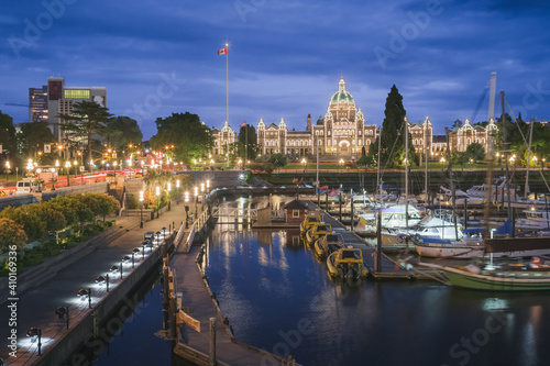 Evening cityscape view of the Inner Harbour and the Legislative Assembly of British Columbia in Victoria  B.C  Canada.