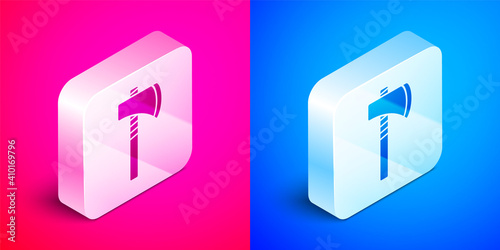 Isometric Native american tomahawk axe icon isolated on pink and blue background. Silver square button. Vector.