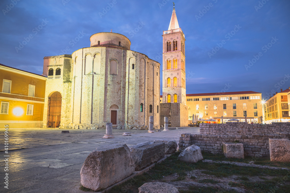 The historical old town of Zadar, Croatia at night with the Church of St. Donatus.