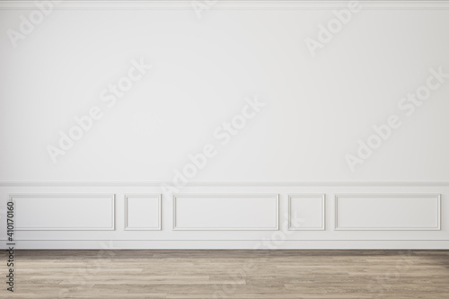 Modern classic white empty interior with wall panels molding and wooden floor. 3d render illustration mock up.