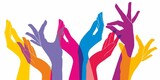 Many hands gesticulate different symbols, banner teamwork, open hands. Solidarity concept, background. Colorful hands are stretching upwards.