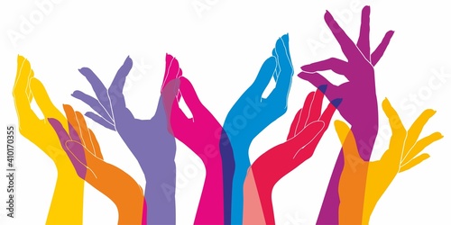 Many hands gesticulate different symbols, banner teamwork, open hands. Solidarity concept, background. Colorful hands are stretching upwards.
