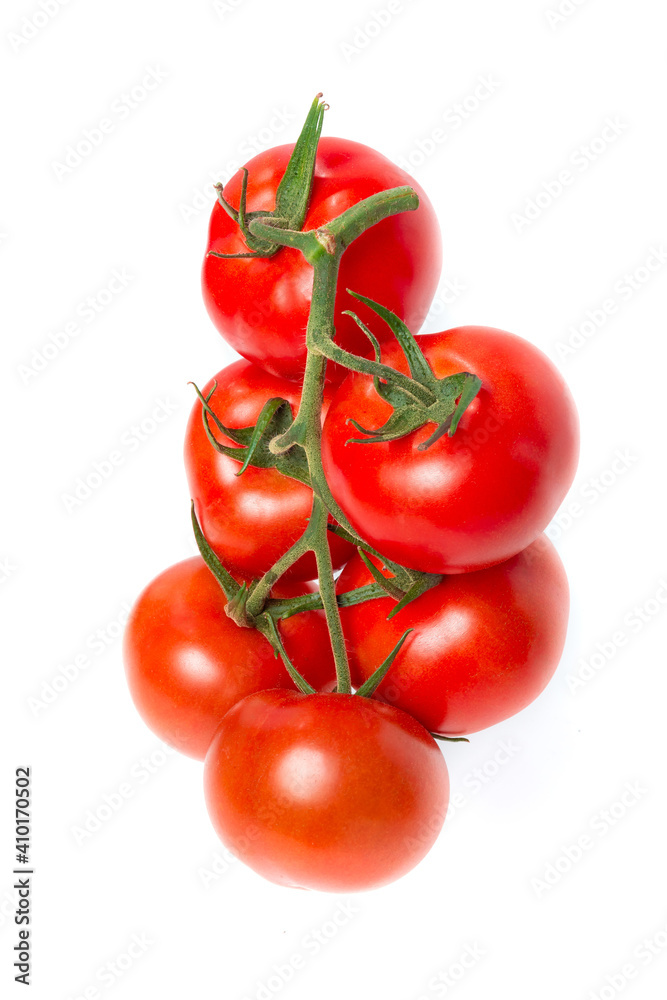 a brush of six large tomatoes on a white background. Studio photo, isolate, tomatoes, washed a brush of six large tomatoes on a white background. Studio photo, isolate, tomatoes, washed