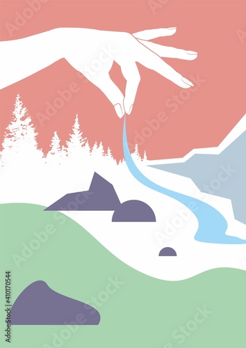 Mountains, trees, plants, sun, sea, boat. Hands creating. Cool Backgrounds. Paper cut style. Hands showing the symbol of creation and creativity.