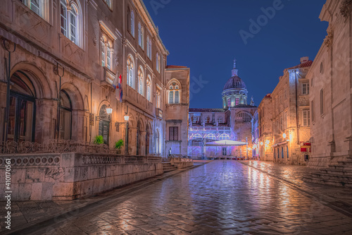 Empty old town cobblestone streets of historic Dubrovnik, Croatia at night.