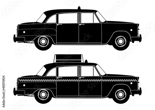 Silhouette of a New York taxi. Vintage taxi in two versions. Side view. Flat vector.