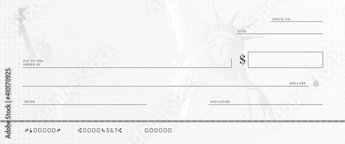 Blank money check template. Fake stimulus cheque mockup. Bank checkbook background.
