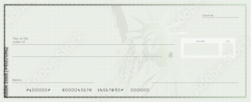 Blank stimulus bank check template. Fake checkbook mockup.