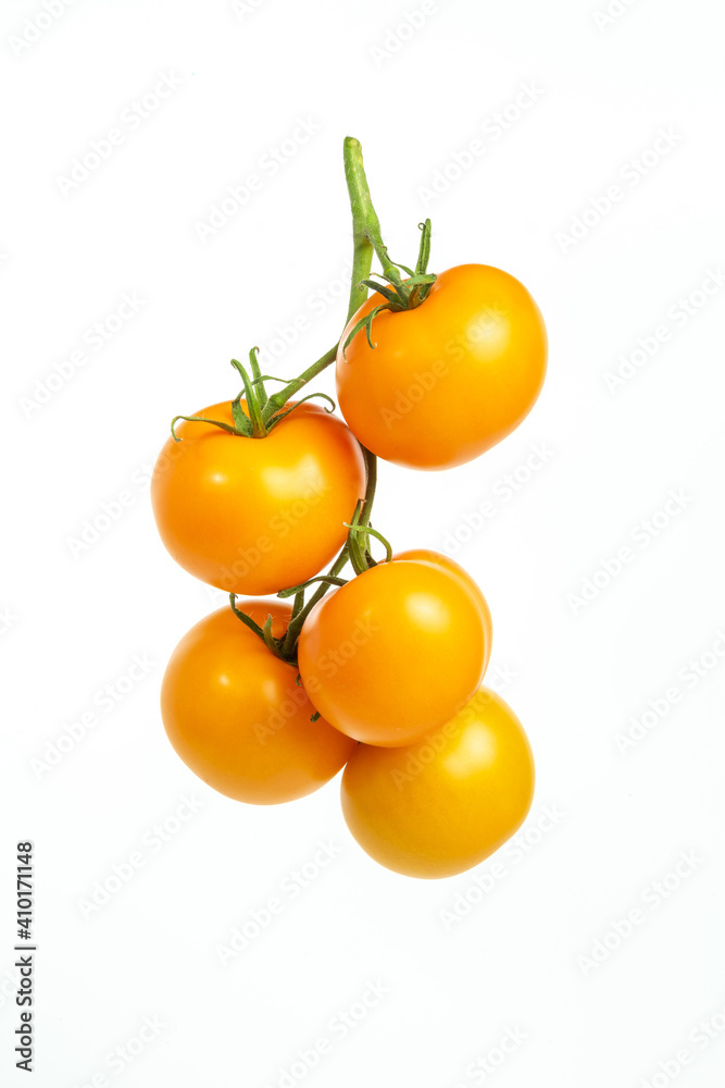 yellow cherry tomatoes on a branch on a white background. yellow cherry tomatoes on a branch on a white background.