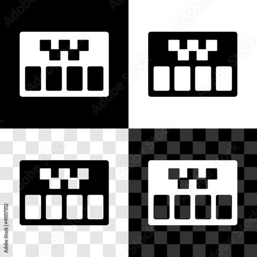 Set Taximeter device icon isolated on black and white, transparent background. Measurement appliance for passenger fare in taxi car. Vector.