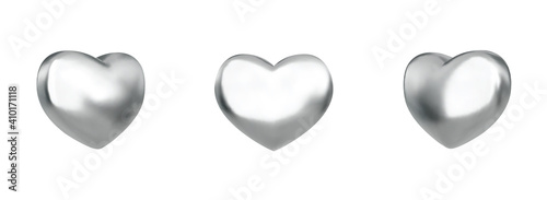 Vector 3d metallic heart. Realistic glossy silver 3d hearts set.