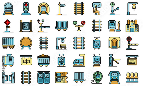 Railway platform icons set. Outline set of railway platform vector icons thin line color flat on white