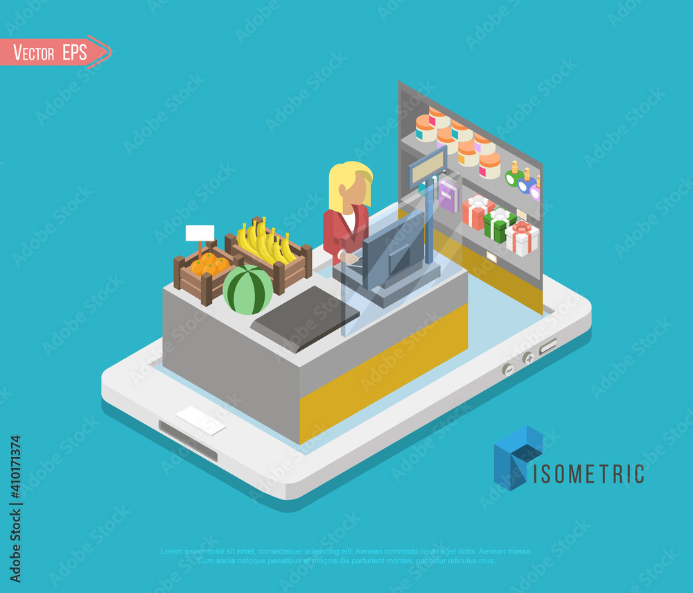 Flat 3d isometric online store e-commerce web infographic concept vector.  Internet sale shopping cart, payment, checkout, gift box. Hand hold credit  card stick from tablet, paper bag from computer. Stock Vector