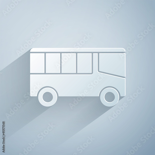 Paper cut Bus icon isolated on grey background. Transportation concept. Bus tour transport sign. Tourism or public vehicle symbol. Paper art style. Vector.