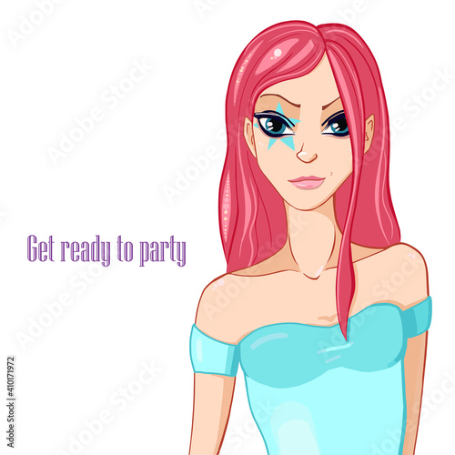Get Ready to Party. Pretty girl with pink hair on isolated background