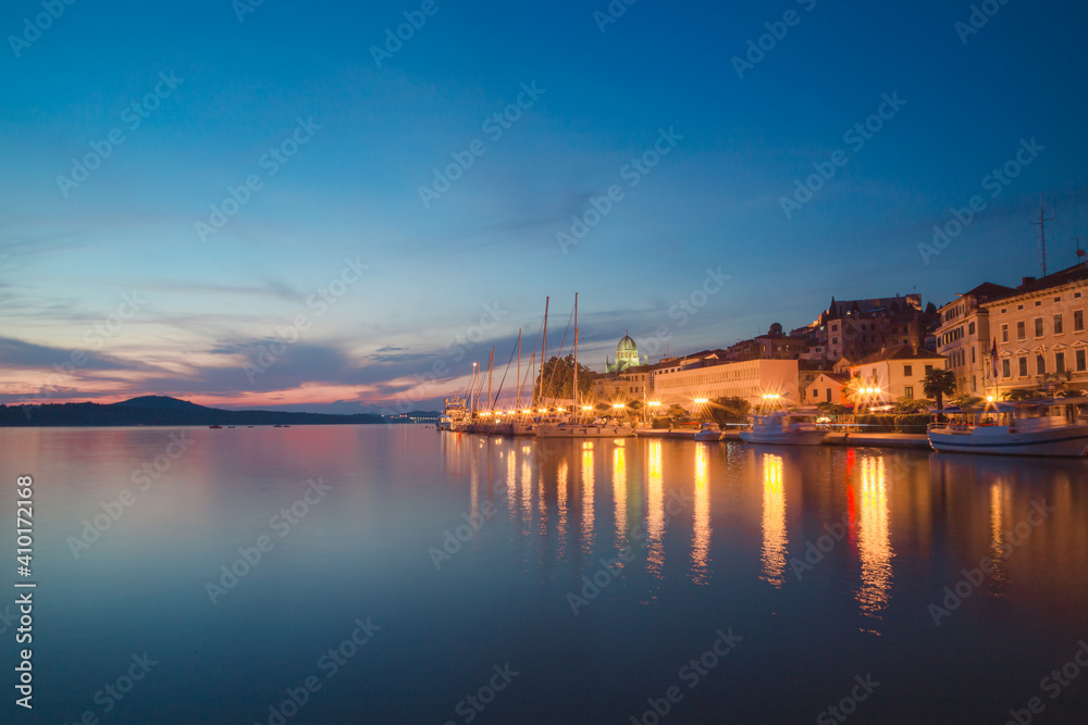 Evening seaside view of Sibenik, Croatia on the Adriatic coast.