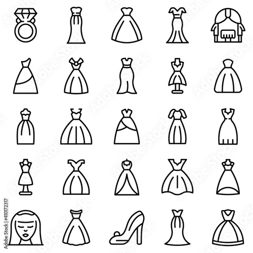 Wedding dress icons set. Outline set of wedding dress vector icons for web design isolated on white background