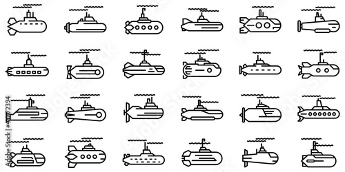 Submarine icons set. Outline set of submarine vector icons for web design isolated on white background