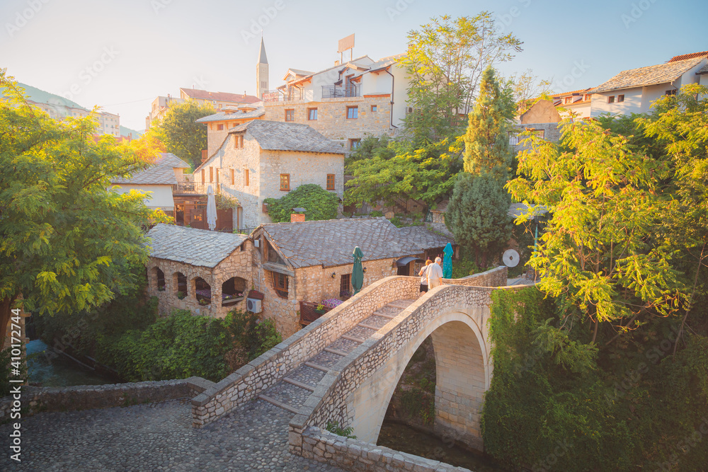 A view from above of the famed Stari Most in Mostar, Bosnia & Herzegovina on a lovely evening.