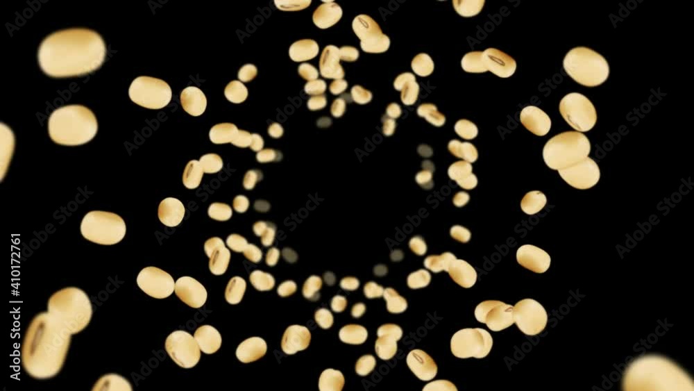 Flying many soybeans on black background. Light brown grains. Soya bean and soja. Healthy food. 3D loop animation of soy beans rotating.