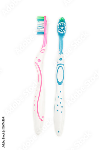 Toothbrushes isolated on white background with copy space.