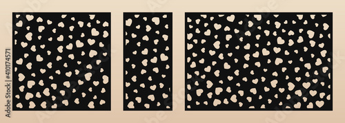 Laser cut pattern with hearts. Vector template with scattered small heart shapes. Valentines day design. Decorative panel for laser cutting of wood, metal, paper, plastic. Aspect ratio 1:1, 1:2, 3:2