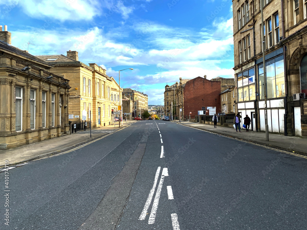 View along, Manor Row, with Victorian buildings in, Bradford, Yorkshire, UK