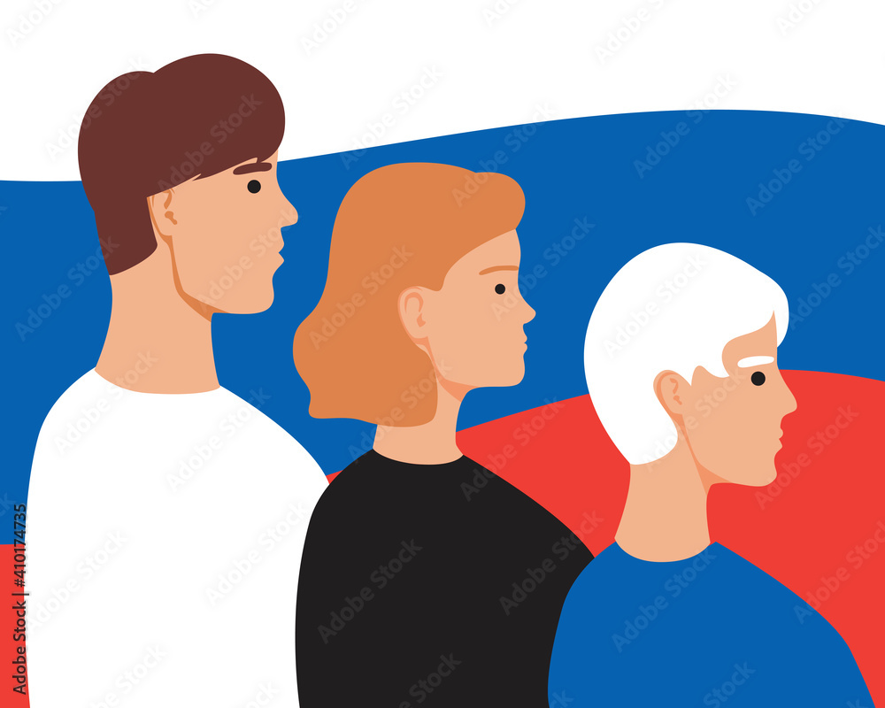 Fototapeta premium People take oath with russian flag isolated, flat vector illustration with young, adults, old russian people