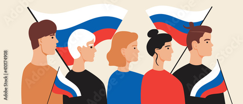 Crowd with Russian flag isolated, flat vector stock illustration with young, adults, old Russian people