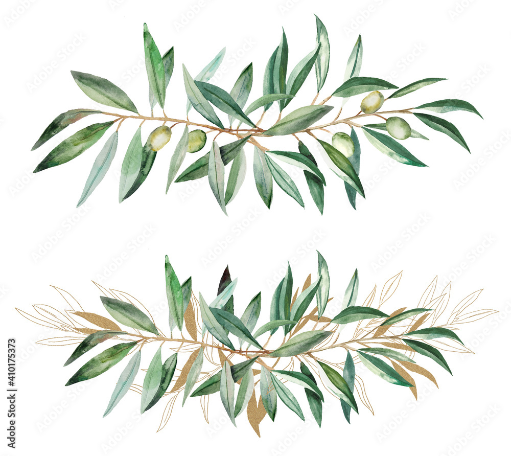 Watercolor green and golden Olive branches illustration Watercolor green and golden Olive branches illustration
