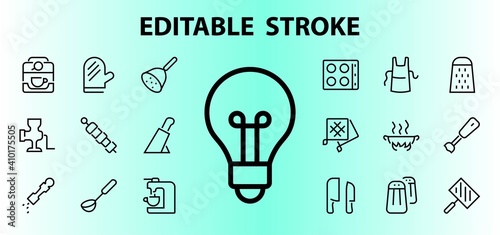 KITCHEN ICON Cooking process, Kitchen tools, Icon set, thin line vector has a blender, oven, knife, grater, barbecue, apron, barbecue, grill, coffee machine, kitchen glove, Editable stroke