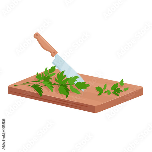 Cut parsley green herbs, isometric cutting board, knife and fresh branches of greenery