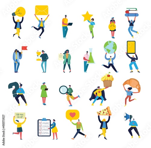 Set of people, men and women with different signs - book, work on laptop, search with magnifier, communicate.