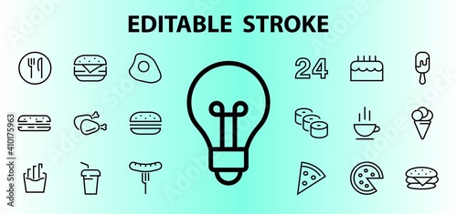 A simple set of fast food icons related to the vector line. Contains icons such as pizza, burger, sushi, bike, scrambled eggs and more. EDITABLE stroke. EPS 10