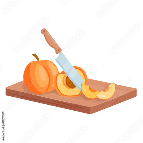 Cut peach fruits, isometric ripe juicy peach chopped slices lie on cutting board plank