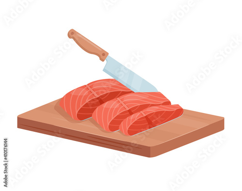 Cut salmon trout fish steaks with chef knife, 3d raw salted or smoked seafood fillet