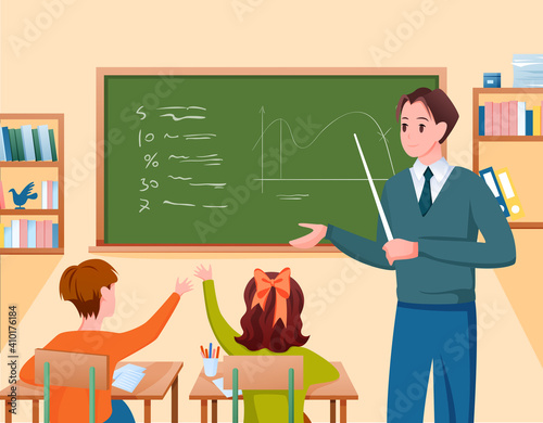 School teacher and children study in classroom, standing at class chalkboard, teaching