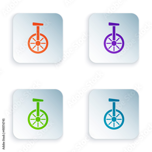Color Unicycle or one wheel bicycle icon isolated on white background. Monowheel bicycle. Set colorful icons in square buttons. Vector.