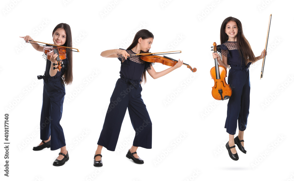 Obraz premium Collage with photos of preteen girl playing violin on white background