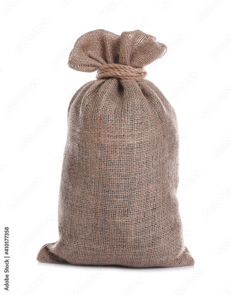 Tied burlap bag isolated on white. Organic material Tied burlap bag isolated on white. Organic material