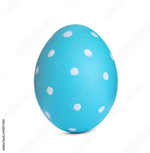 Painted light blue egg with dot pattern isolated on white. Happy Easter