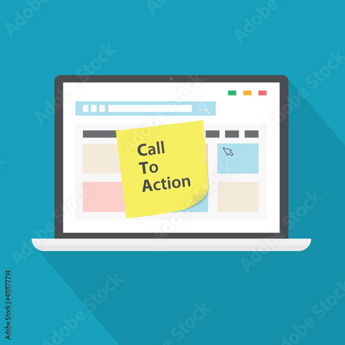 CTA Call To Action written on sticky note on laptop screen - vector illustration