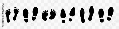 Different human footprints. Baby footprint - stock vector. Shoes for children and adults, adults and children's steps.